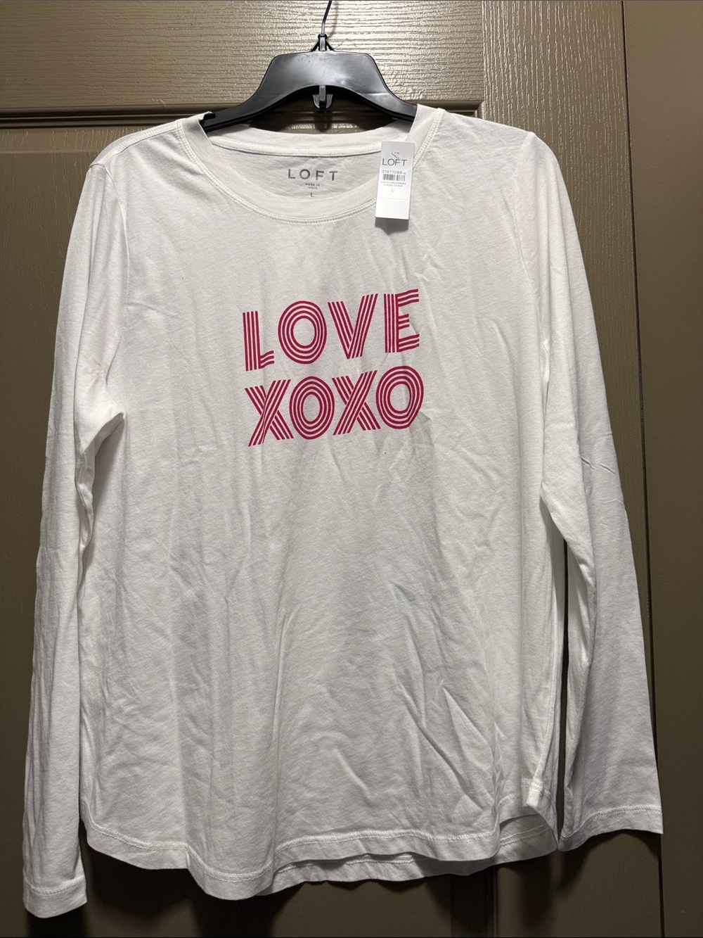 LOFT White Long Sleeve Tee with Pink "LOVE XOXO" Graphic